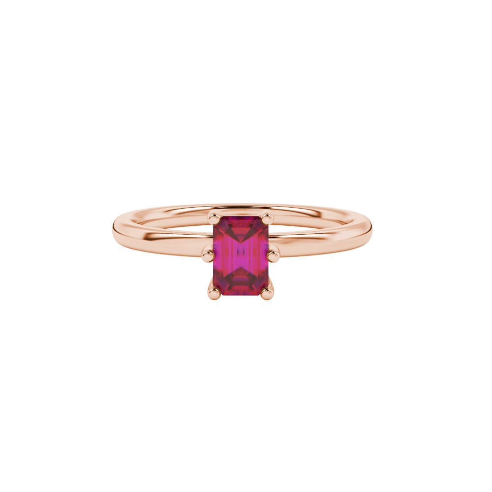 Emerald cut red gemstone solitaire ring in six prong gold setting