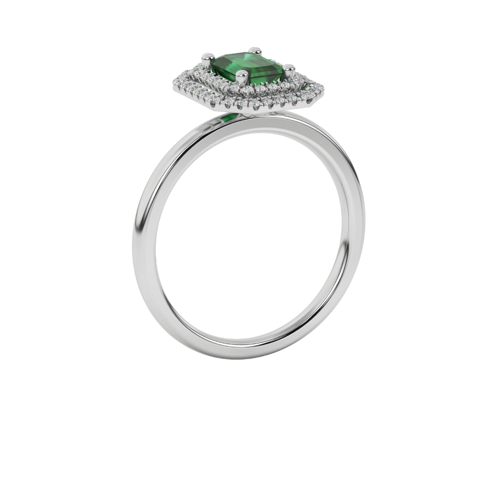 Emerald cut green gemstone double halo ring with octagonal diamond frame in gold