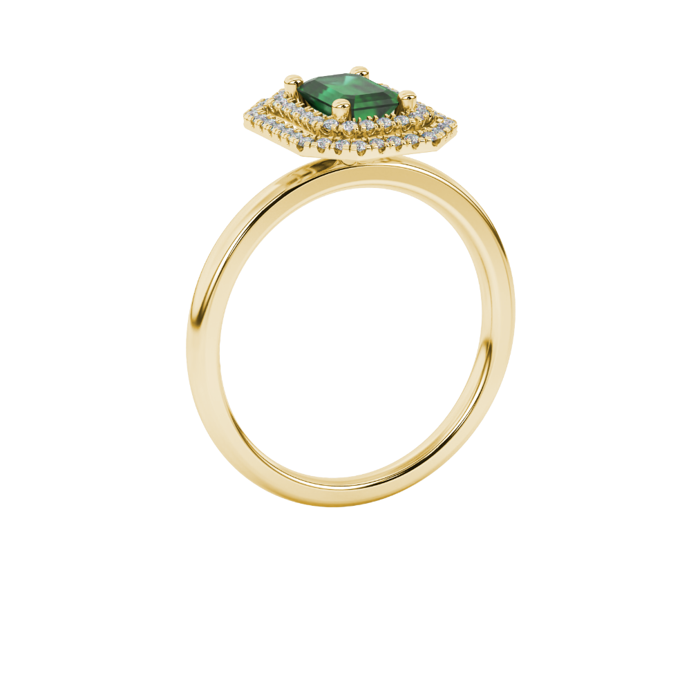Emerald cut green gemstone double halo ring with octagonal diamond frame in gold