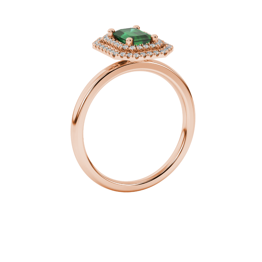 Emerald cut green gemstone double halo ring with octagonal diamond frame in gold