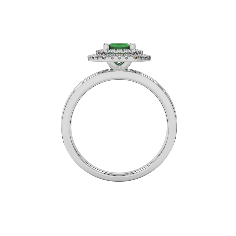 Emerald cut green gemstone double halo ring with octagonal diamond frame in gold