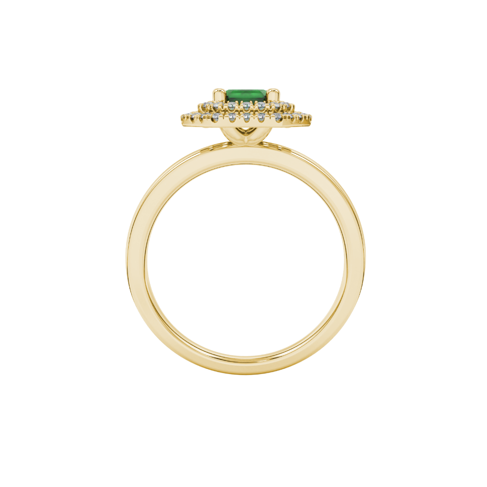 Emerald cut green gemstone double halo ring with octagonal diamond frame in gold