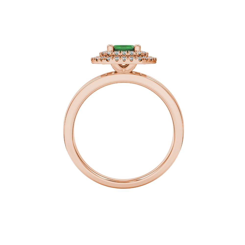 Emerald cut green gemstone double halo ring with octagonal diamond frame in gold