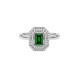 Emerald cut green gemstone double halo ring with octagonal diamond frame in gold
