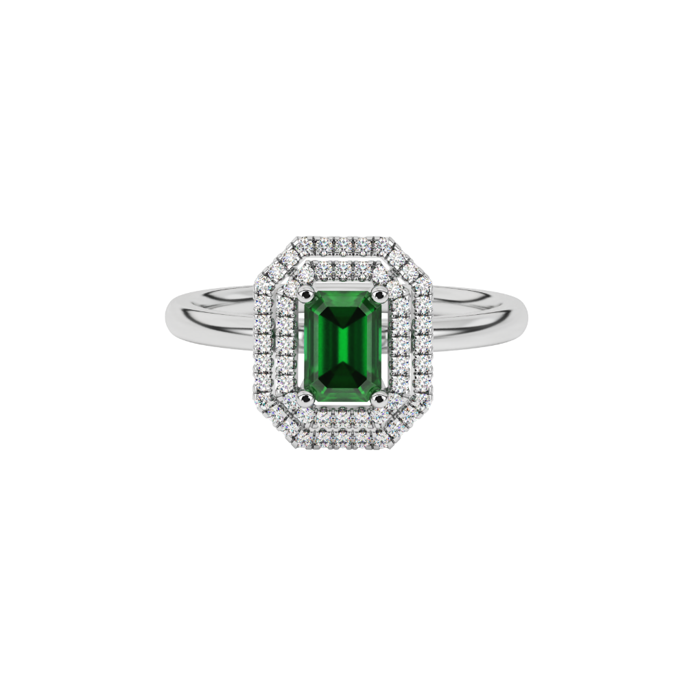 Emerald cut green gemstone double halo ring with octagonal diamond frame in gold