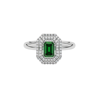 emerald green gemstone double halo ring in white gold