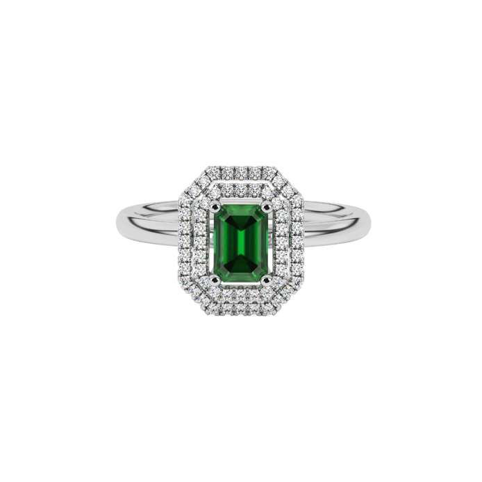 Emerald cut green gemstone double halo ring with octagonal diamond frame in gold