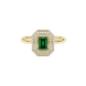 Emerald cut green gemstone double halo ring with octagonal diamond frame in gold