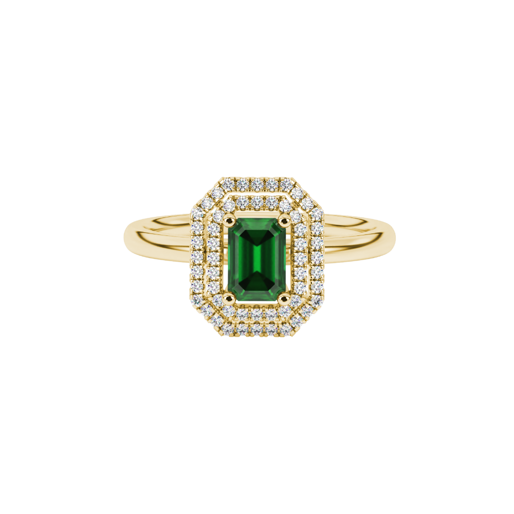 Emerald cut green gemstone double halo ring with octagonal diamond frame in gold