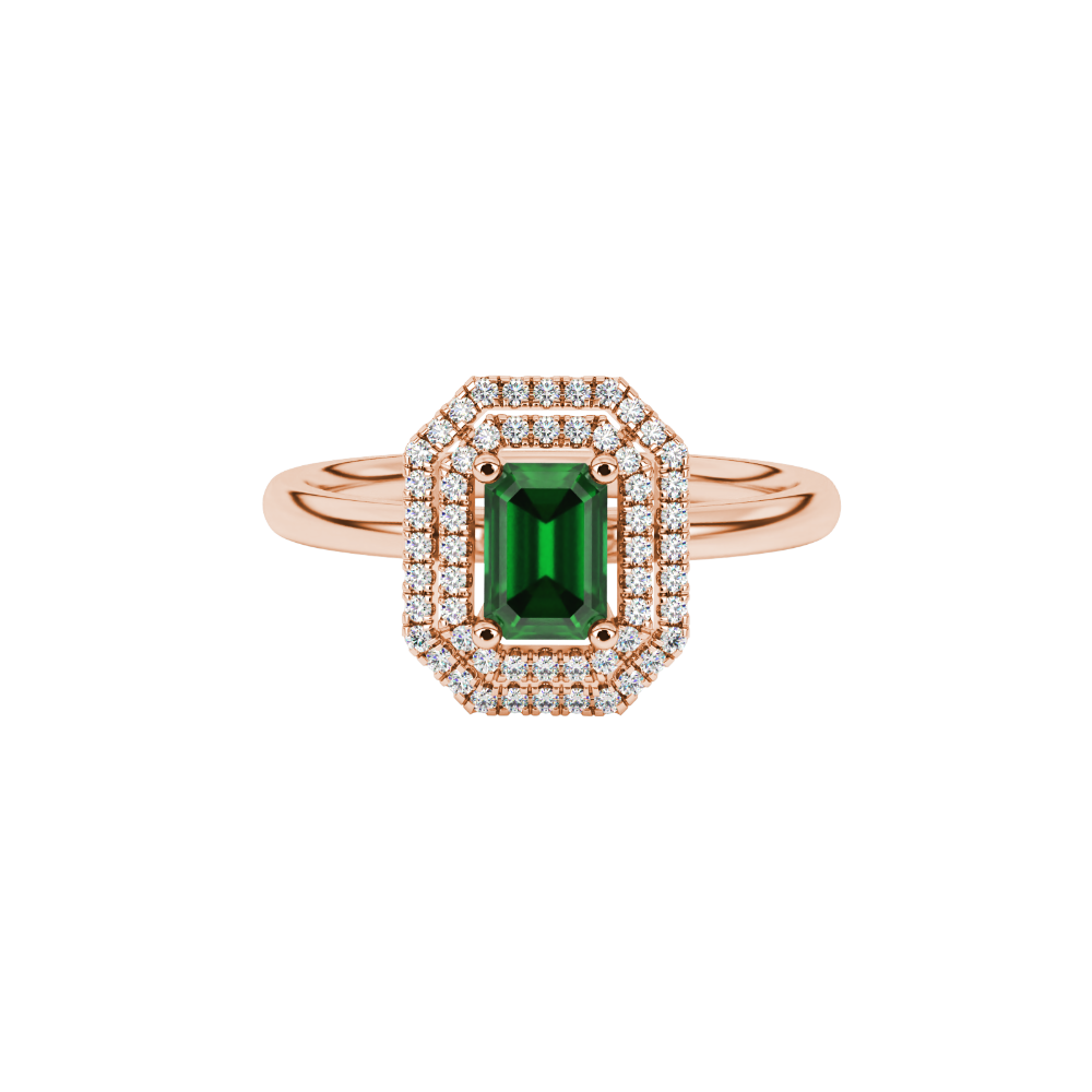Emerald cut green gemstone double halo ring with octagonal diamond frame in gold