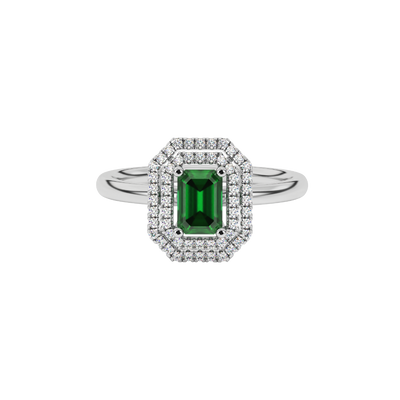 Emerald cut green gemstone double halo ring with octagonal diamond frame in gold