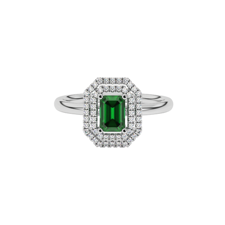 Emerald cut green gemstone double halo ring with octagonal diamond frame in gold