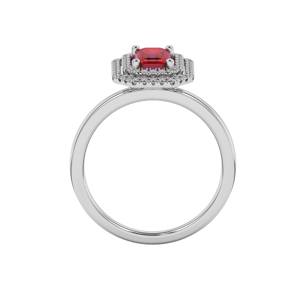 Emerald cut red gemstone double halo ring with octagonal diamond frame in gold
