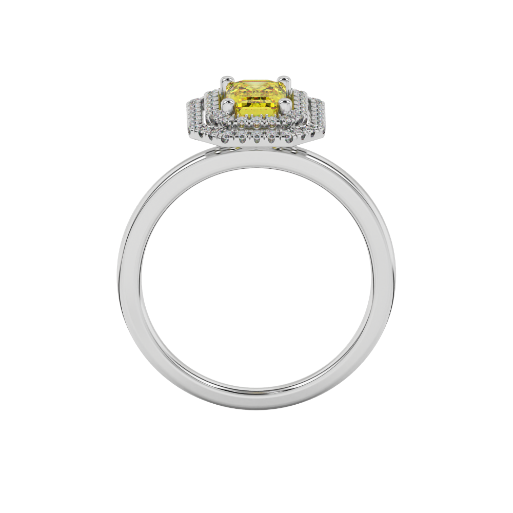 Emerald cut yellow gemstone double halo ring with octagonal diamond frame in gold