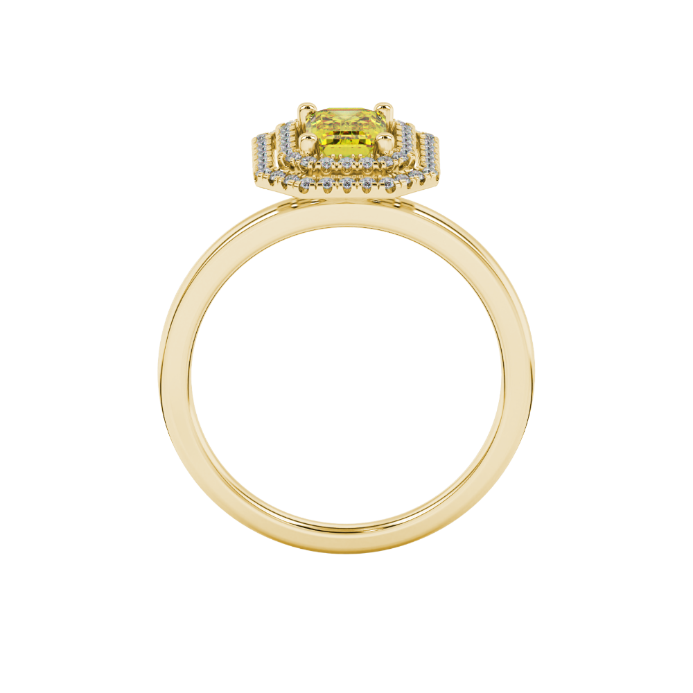 Emerald cut yellow gemstone double halo ring with octagonal diamond frame in gold
