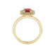 Emerald cut red gemstone double halo ring with octagonal diamond frame in gold