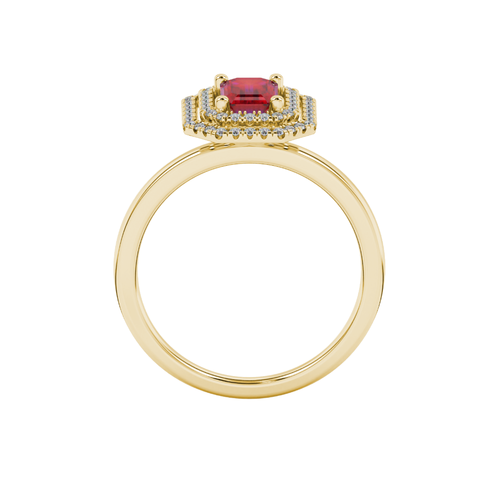 Emerald cut red gemstone double halo ring with octagonal diamond frame in gold