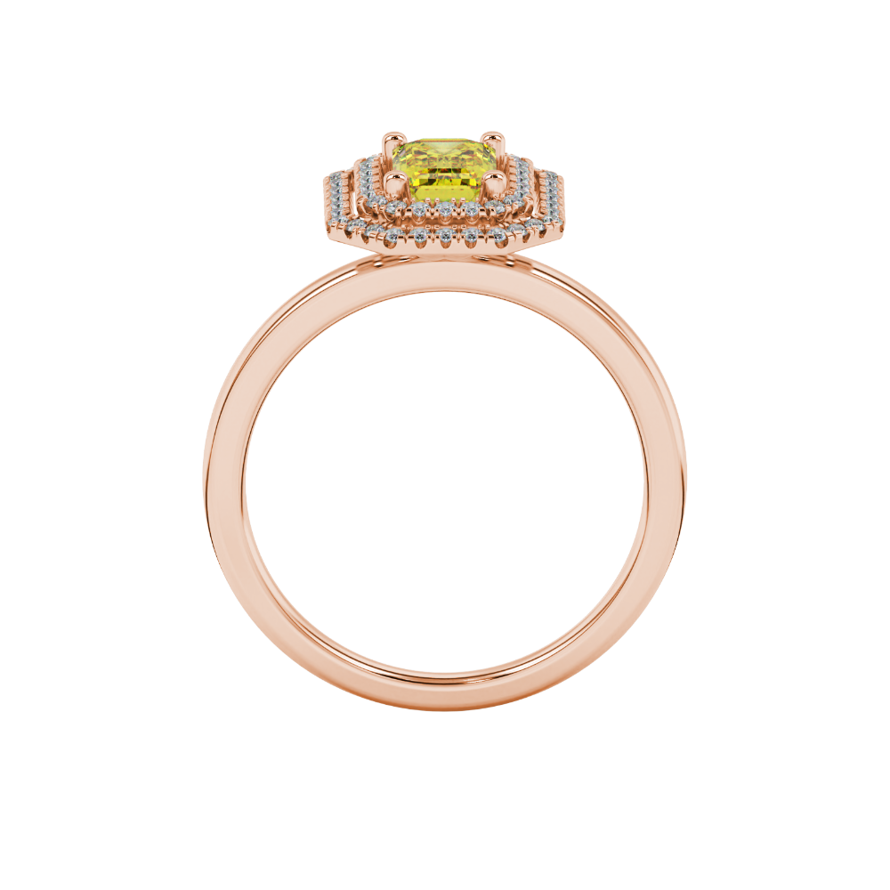 Emerald cut yellow gemstone double halo ring with octagonal diamond frame in gold
