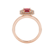 Emerald cut red gemstone double halo ring with octagonal diamond frame in gold