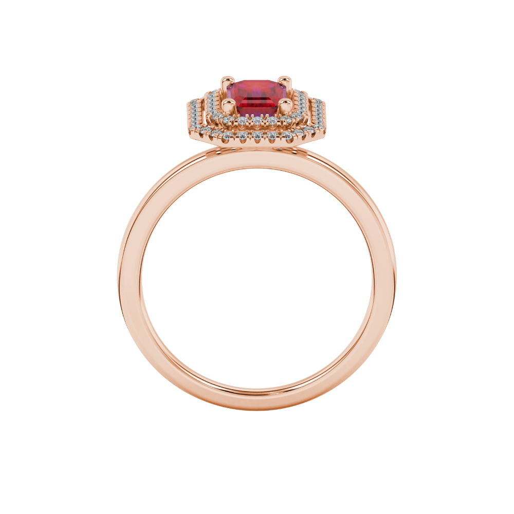 Emerald cut red gemstone double halo ring with octagonal diamond frame in gold