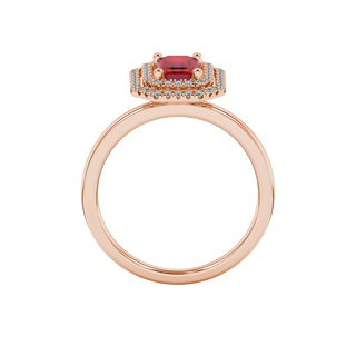 raspberry red gemstone double halo ring in rose gold