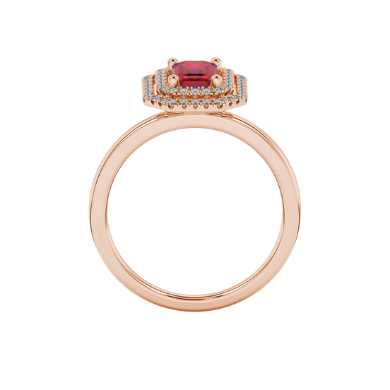 raspberry red gemstone double halo ring in rose gold