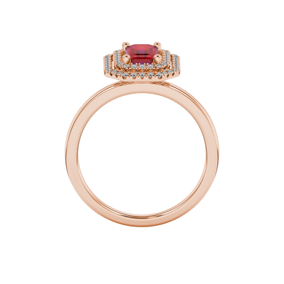 Emerald cut red gemstone double halo ring with octagonal diamond frame in gold