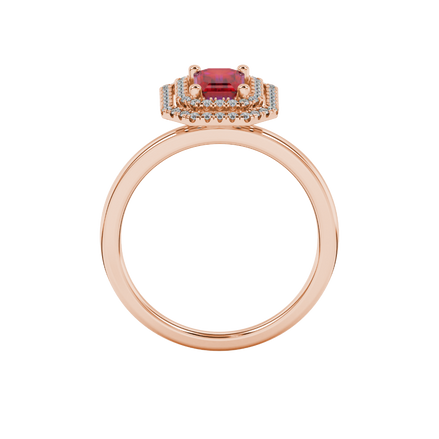 Emerald cut red gemstone double halo ring with octagonal diamond frame in gold