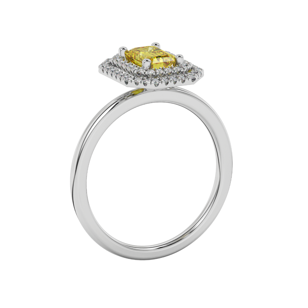 Emerald cut yellow gemstone double halo ring with octagonal diamond frame in gold