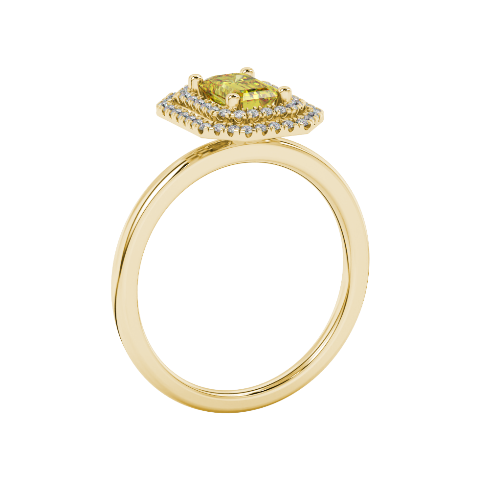 Emerald cut yellow gemstone double halo ring with octagonal diamond frame in gold
