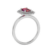 Emerald cut red gemstone double halo ring with octagonal diamond frame in gold