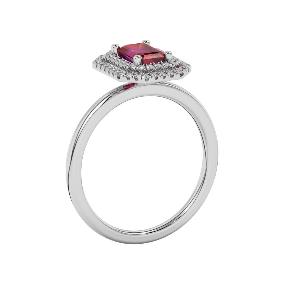 Emerald cut red gemstone double halo ring with octagonal diamond frame in gold
