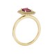 Emerald cut red gemstone double halo ring with octagonal diamond frame in gold