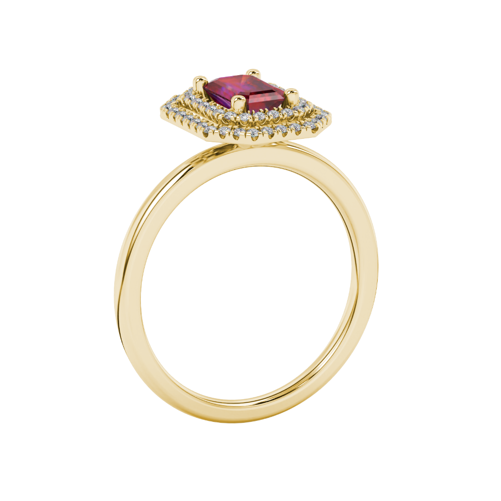 Emerald cut red gemstone double halo ring with octagonal diamond frame in gold