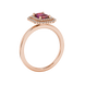 Emerald cut red gemstone double halo ring with octagonal diamond frame in gold