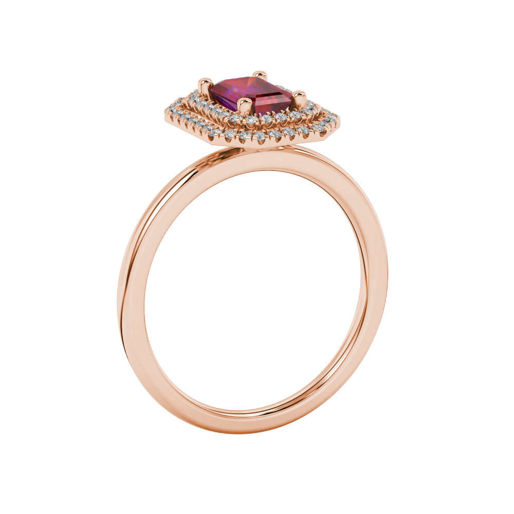 Emerald cut red gemstone double halo ring with octagonal diamond frame in gold