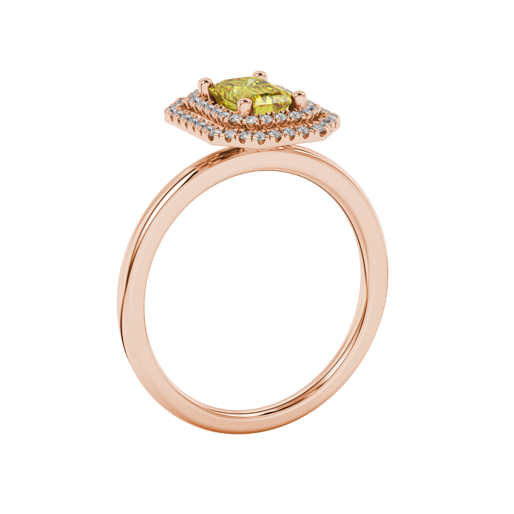 Emerald cut yellow gemstone double halo ring with octagonal diamond frame in gold