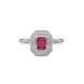 Emerald cut red gemstone double halo ring with octagonal diamond frame in gold