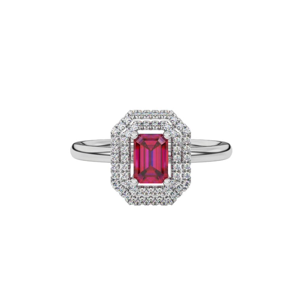 Emerald cut red gemstone double halo ring with octagonal diamond frame in gold