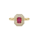 Emerald cut red gemstone double halo ring with octagonal diamond frame in gold
