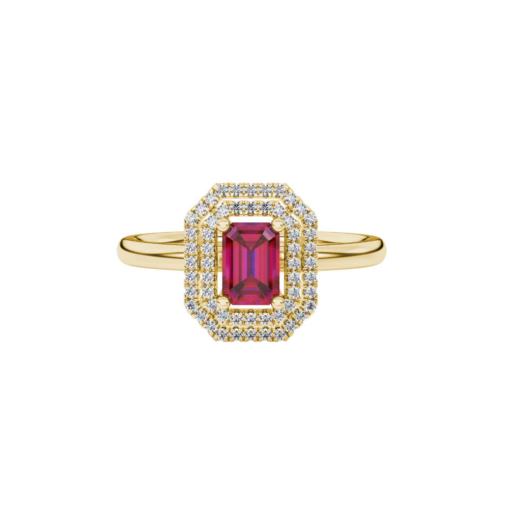 Emerald cut red gemstone double halo ring with octagonal diamond frame in gold