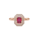 Emerald cut red gemstone double halo ring with octagonal diamond frame in gold