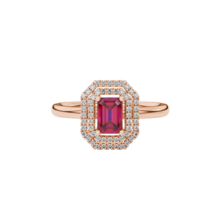 raspberry red gemstone double halo ring in rose gold