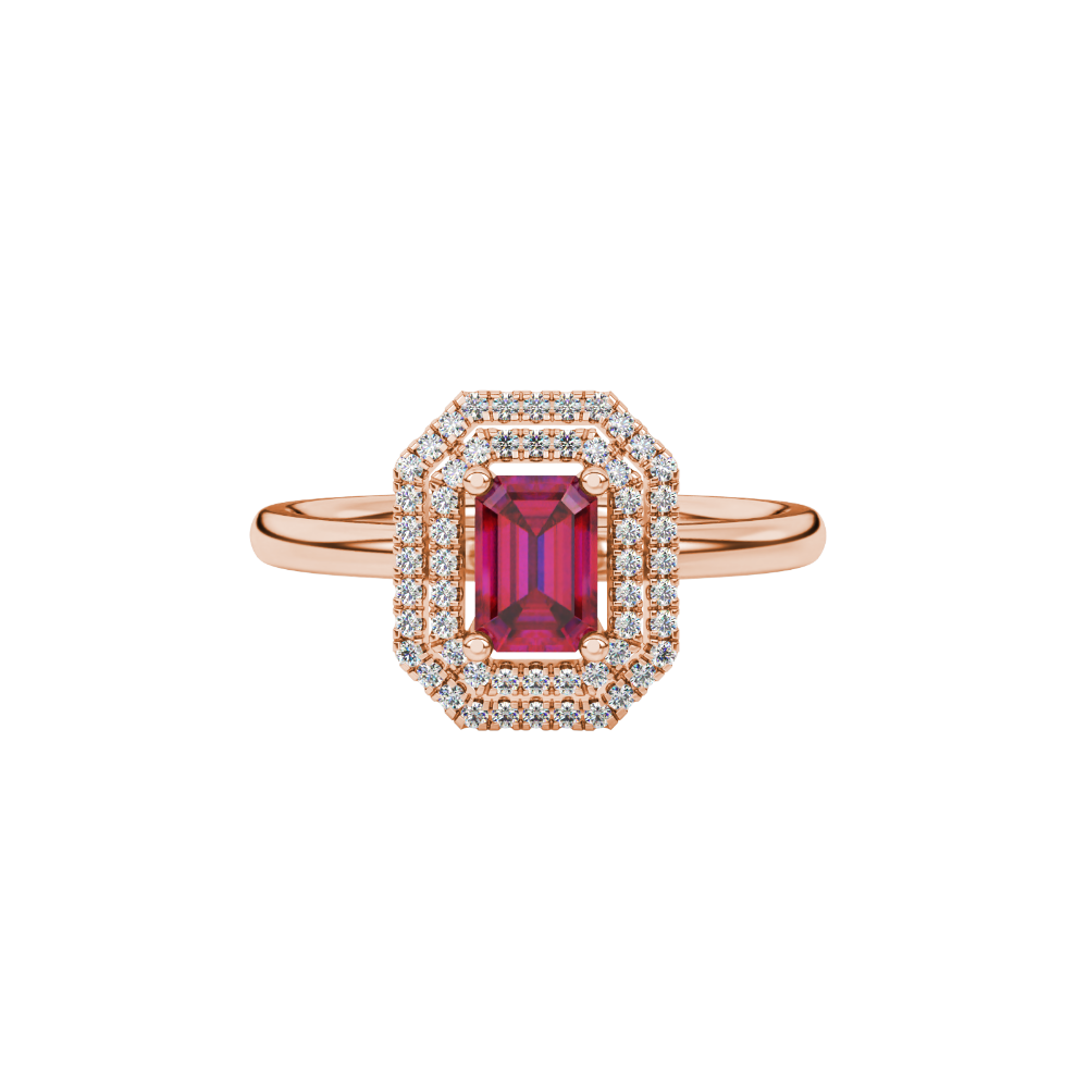 Emerald cut red gemstone double halo ring with octagonal diamond frame in gold