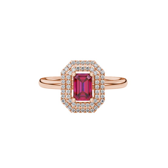 raspberry red gemstone double halo ring in rose gold