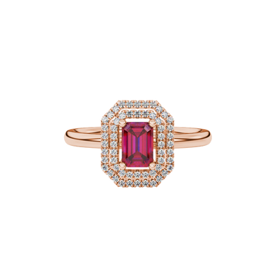 Emerald cut red gemstone double halo ring with octagonal diamond frame in gold