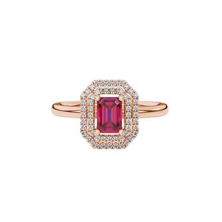 Emerald cut red gemstone double halo ring with octagonal diamond frame in gold