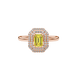 Emerald cut yellow gemstone double halo ring with octagonal diamond frame in gold