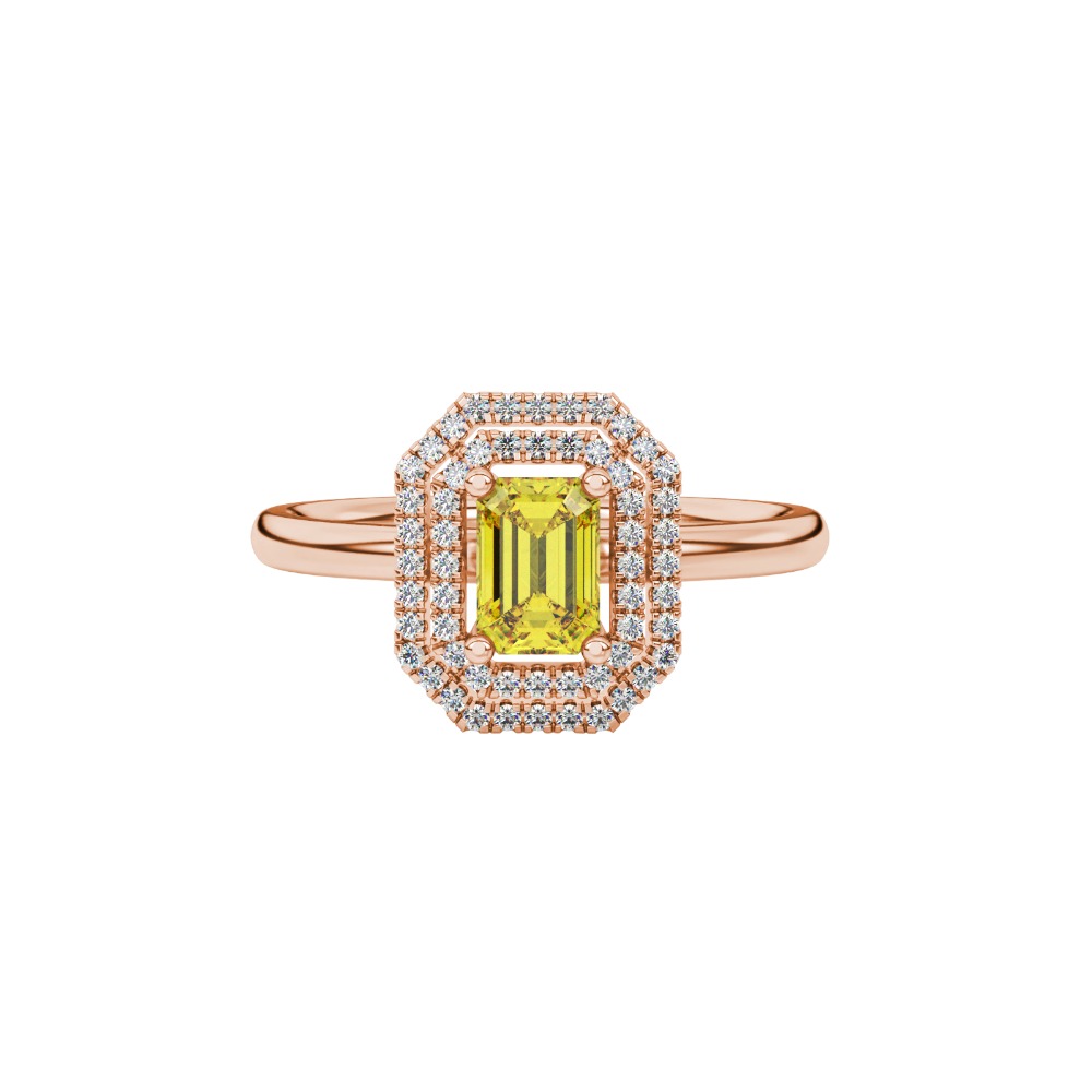 Emerald cut yellow gemstone double halo ring with octagonal diamond frame in gold