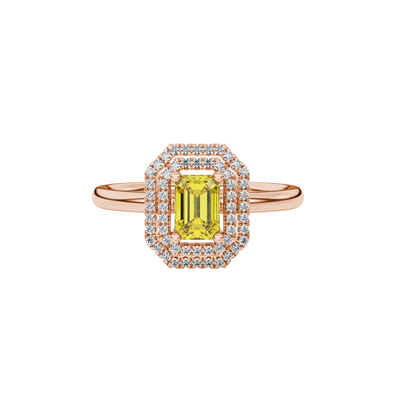 Emerald cut yellow gemstone double halo ring with octagonal diamond frame in gold